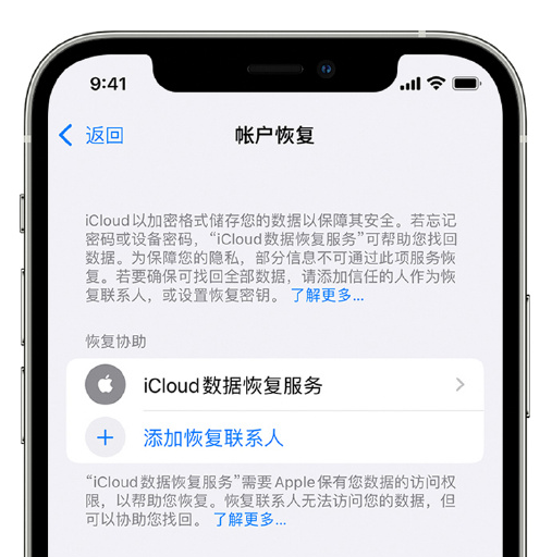 武进苹果手机维修分享在 iPhone 上设置帐户恢复联系人的方法 